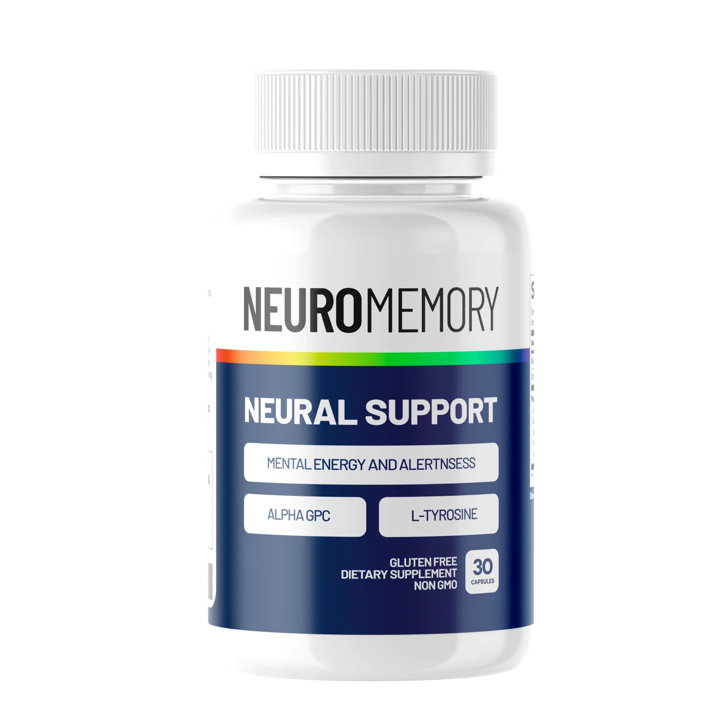Neuro Memory supplement bottle with navy and slate label design