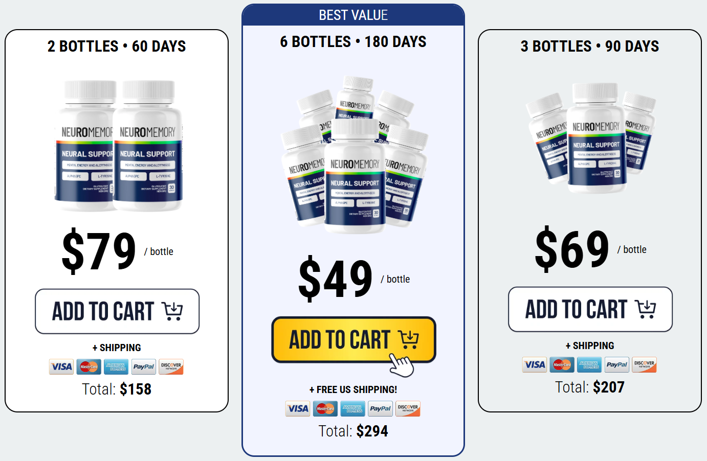 Neuro Memory pricing tiers for 1 bottle, 3 bottle and 6 bottle bundles